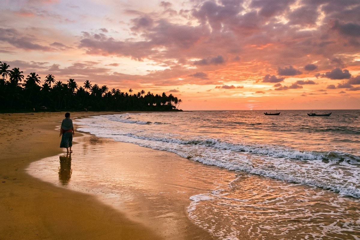 Alappuzha Beach sandy shoreline, gentle Arabian Sea waves and warm coastal sunset