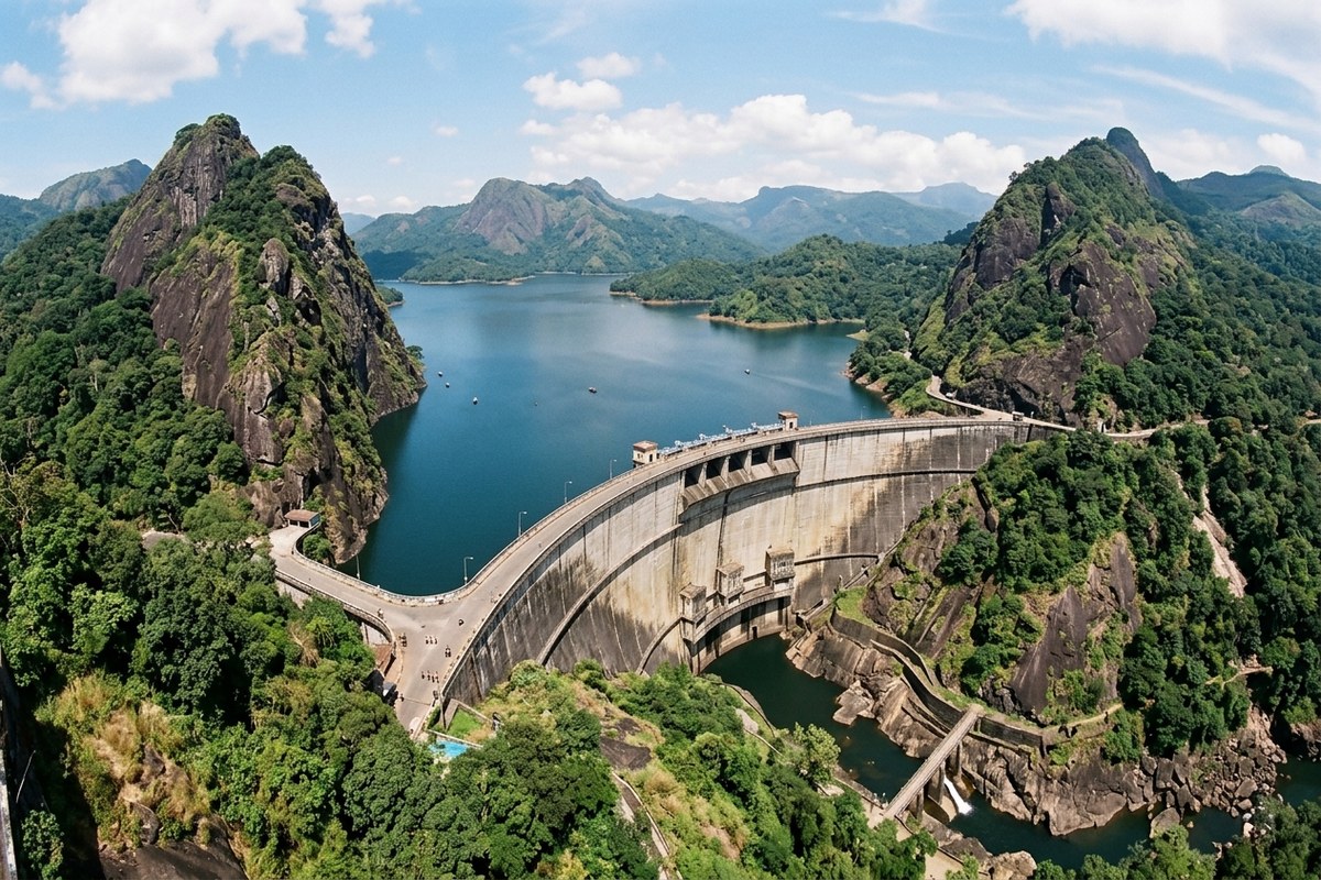 Idukki Arch Dam curving between forested mountain peaks with panoramic blue reservoir