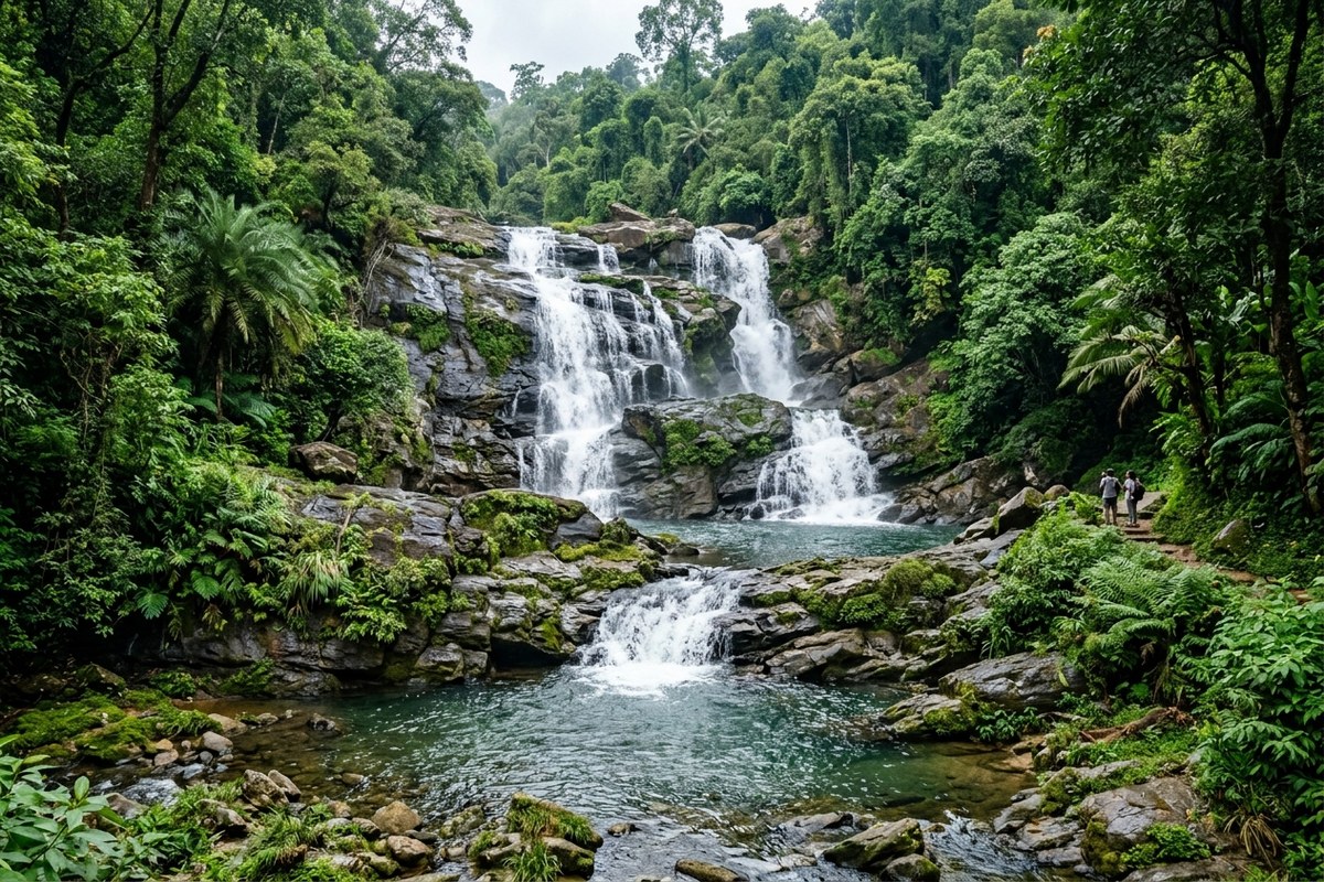 Thomman Kuthu multi-tiered waterfall cascading over natural rocks in lush tropical forest